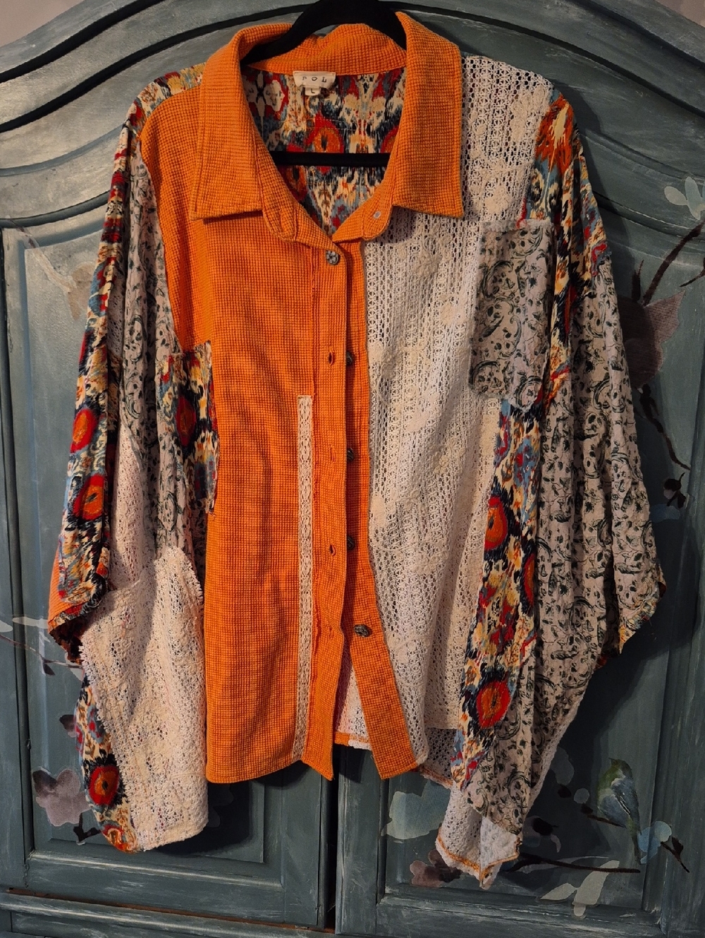 POL Patchwork Button-Down Shirt in Orange, Cream, Multicolor Floral